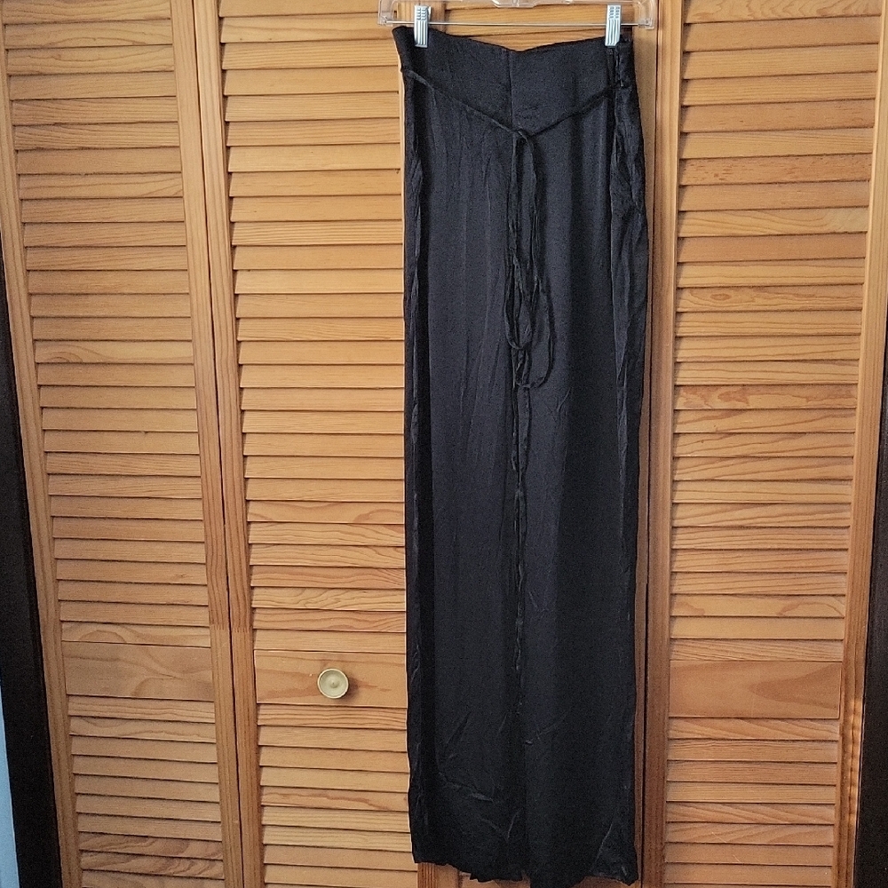 ZARA Black Satin Look Wide Leg High Waist Flowing Minimalist Chic Pants Size M